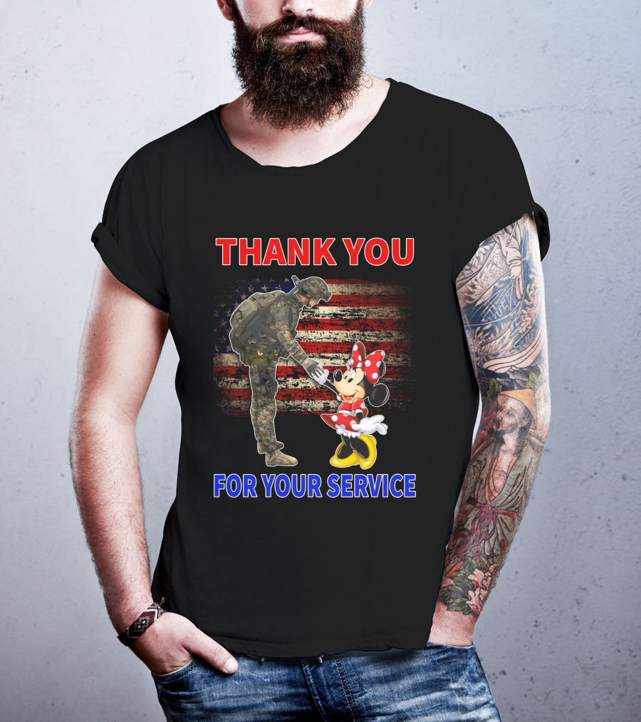 Thank You For Your Service Soldier And Minnie Mouse With American Flag Background T-Shirt