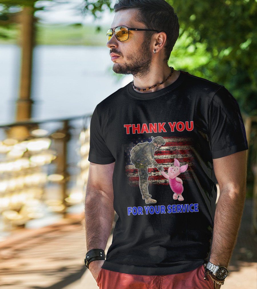 Thank You For Your Service Piglet Soldier American Flag T-Shirt