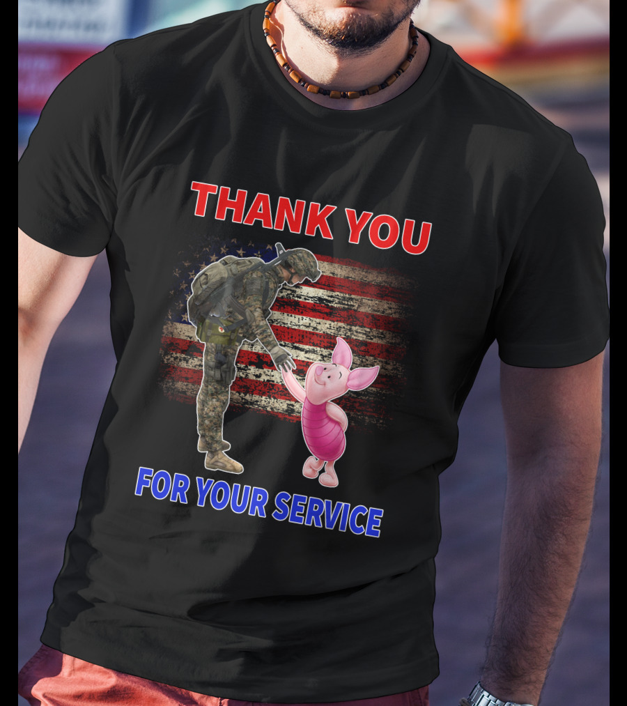 Thank You For Your Service Piglet Soldier American Flag T-Shirt