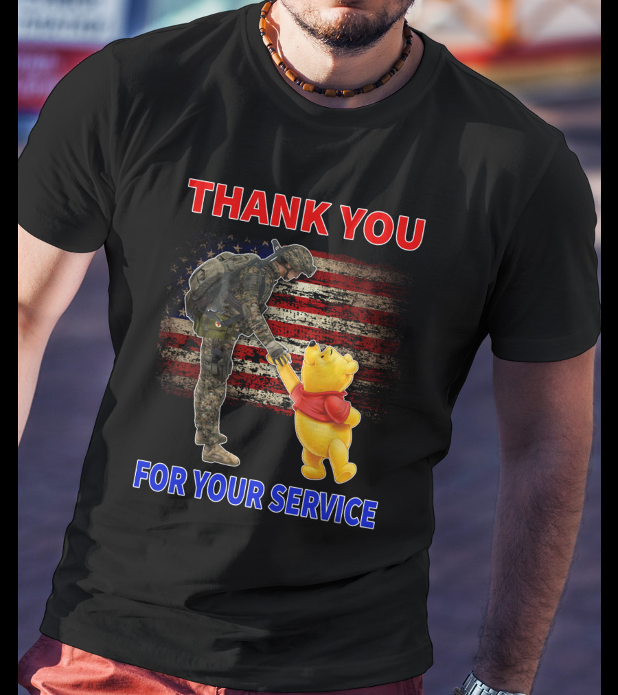 Thank You For Your Service Soldier And Pooh With American Flag Background T-Shirt