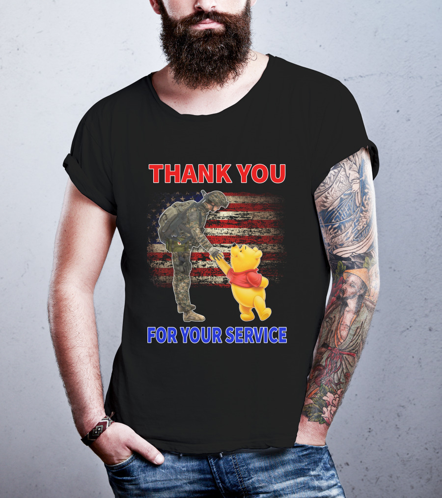 Thank You For Your Service Soldier And Pooh With American Flag Background T-Shirt