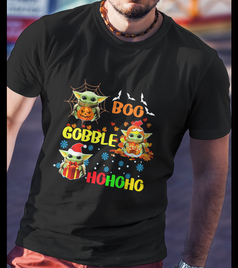Baby Yoda Boo Gobble HoHoHo HalloThanksMas T-Shirt