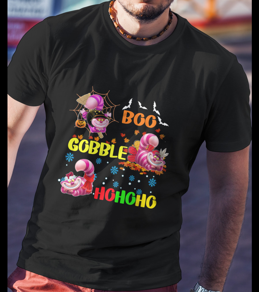 Cheshire Cat Boo Gobble HoHoHo HalloThanksMas T-Shirt