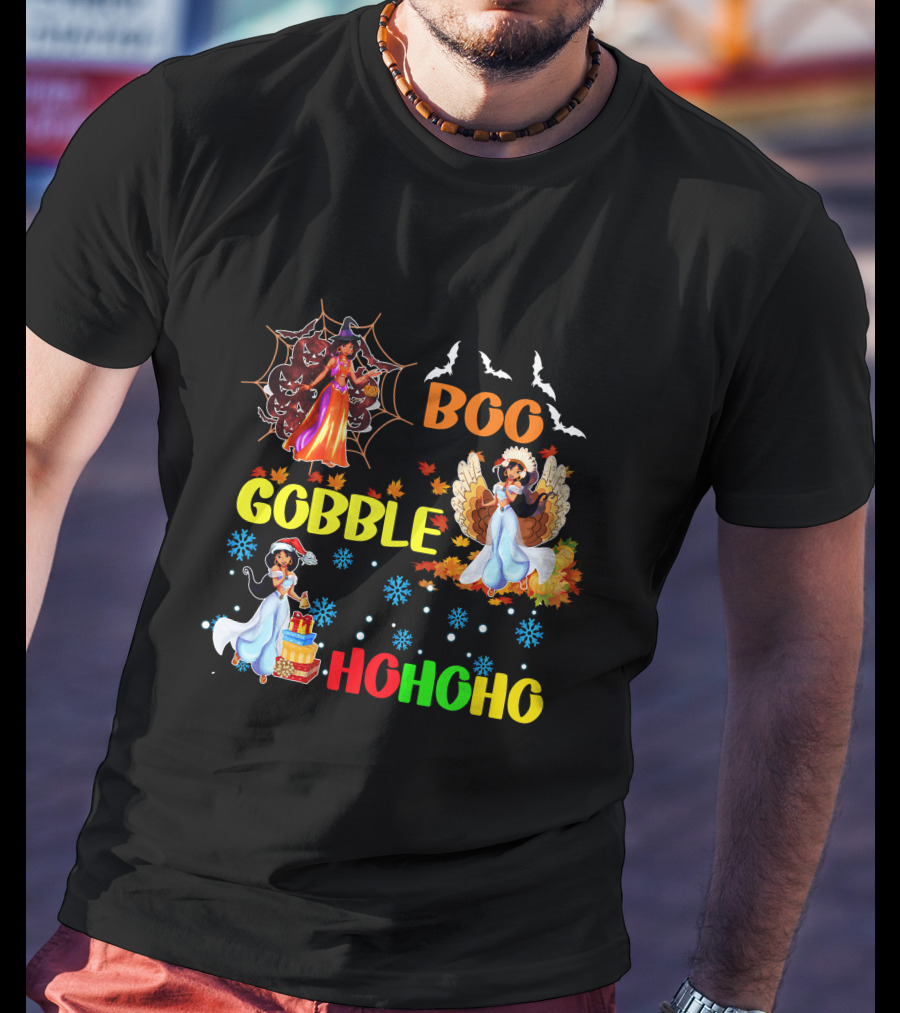 Jasmine Boo Gobble HoHoHo HalloThanksMas Bats Leaves Snowflakes T-Shirt
