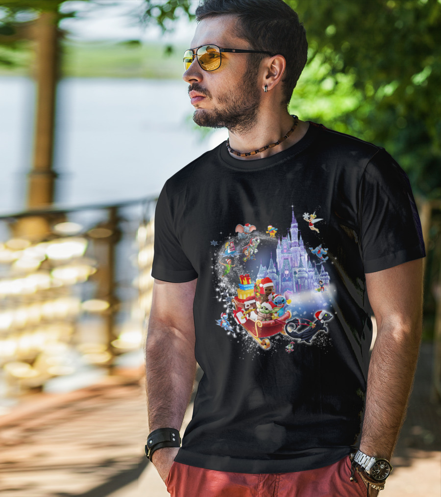 Baby Yoda Christmas Disney Castle Santa Sleigh Tinker Bell Stitch Dumbo Gifts T-Shirt