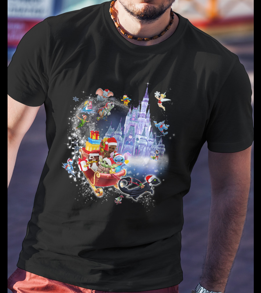 Baby Yoda Christmas Disney Castle Santa Sleigh Tinker Bell Stitch Dumbo Gifts T-Shirt