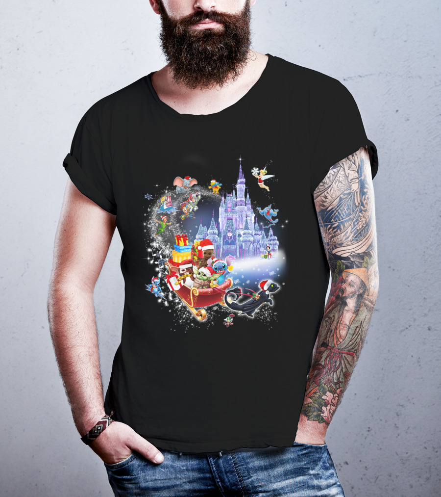 Baby Yoda Christmas Disney Castle Santa Sleigh Tinker Bell Stitch Dumbo Gifts T-Shirt