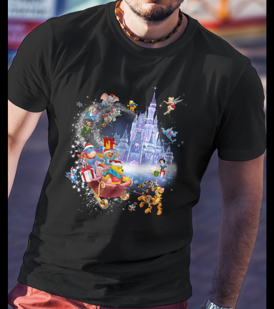 Pooh Christmas Disney Winter Wonderland With Castle And Characters T-Shirt