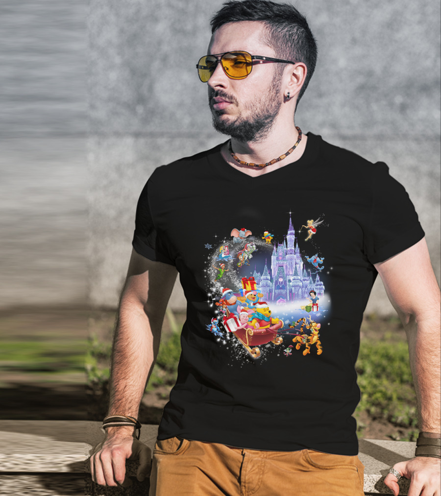 Pooh Christmas Disney Winter Wonderland With Castle And Characters T-Shirt