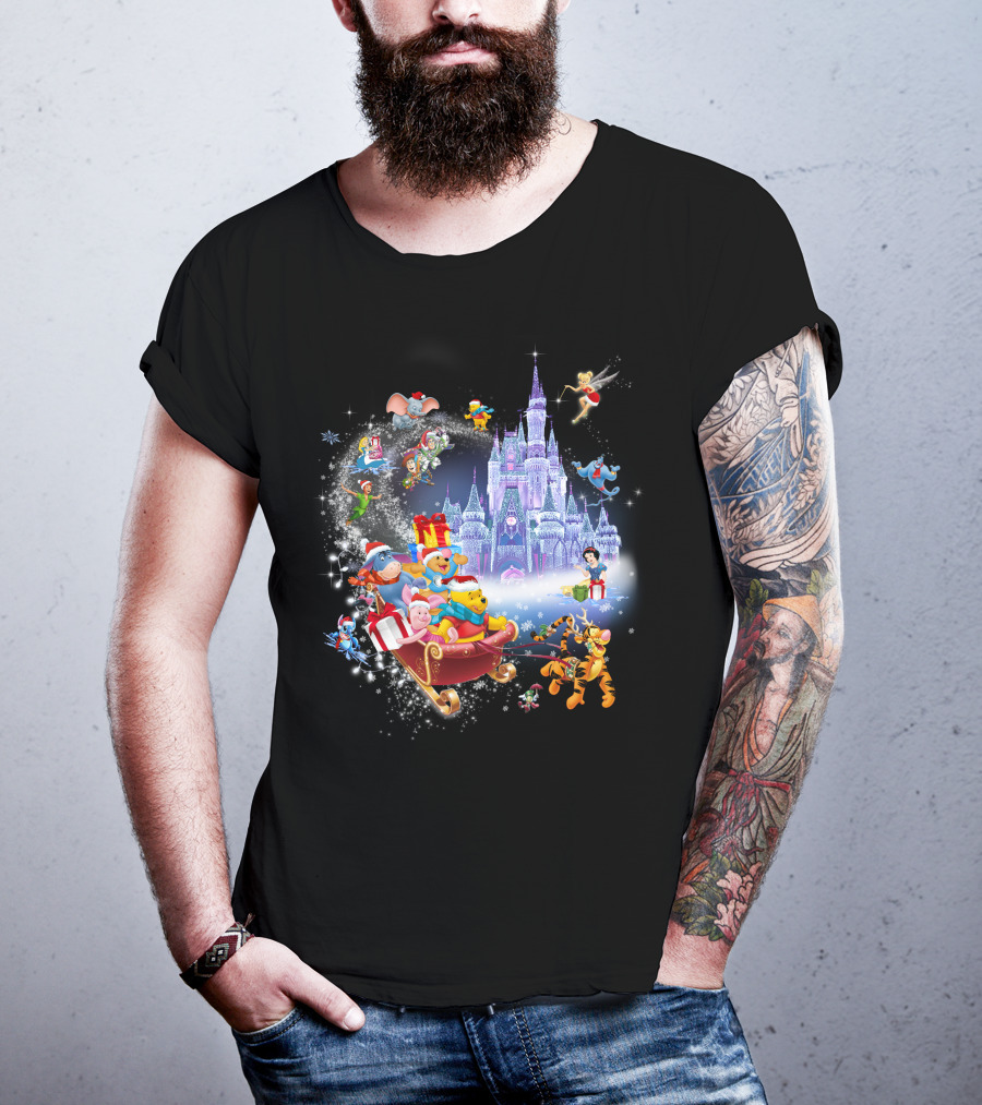 Pooh Christmas Disney Winter Wonderland With Castle And Characters T-Shirt
