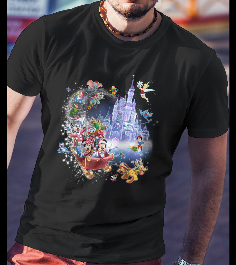 Mickey And Minnie Christmas With Castle, Disney Characters, And Winter Wonderland Holiday Scene T-Shirt