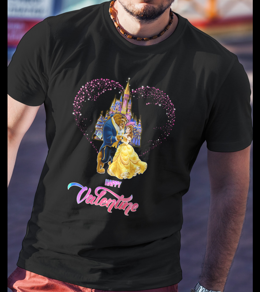 Happy Valentine Beauty And The Beast Castle Hearts T-Shirt