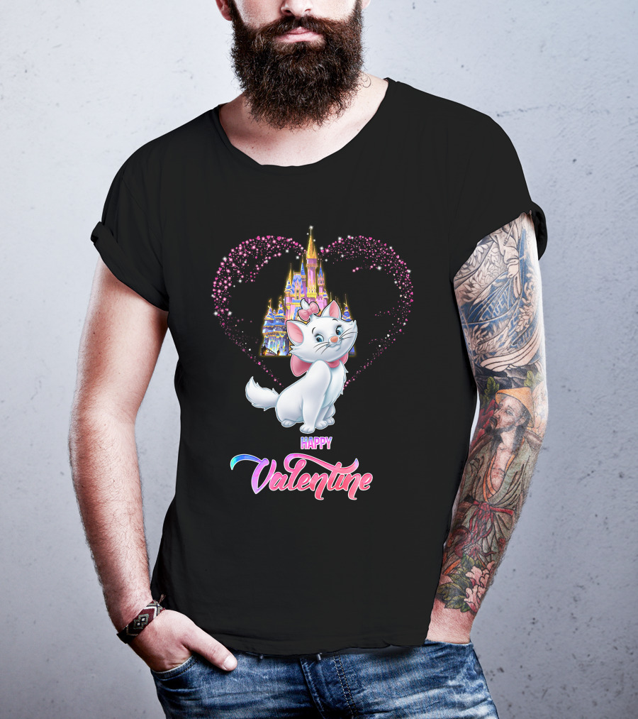 Happy Valentine Marie Cat With Castle Heart T-Shirt