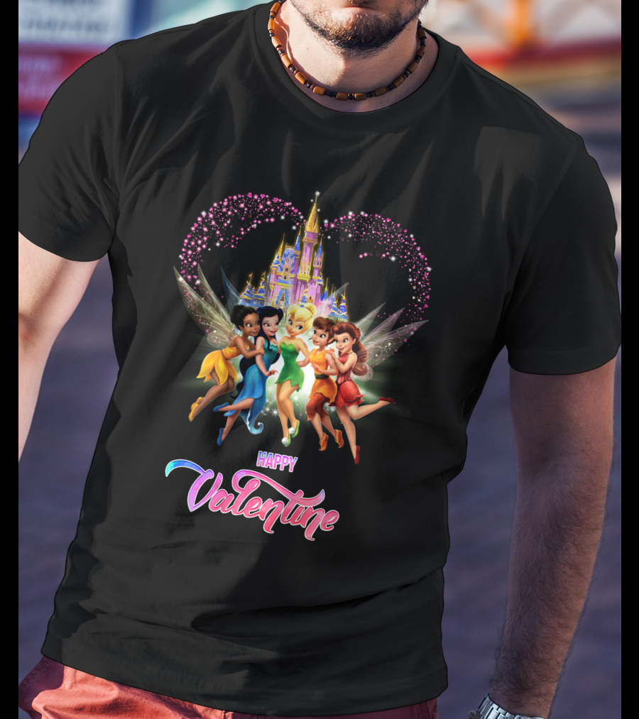 Happy Valentine Tinkerbell And Friends With Castle And Heart Magic T-Shirt