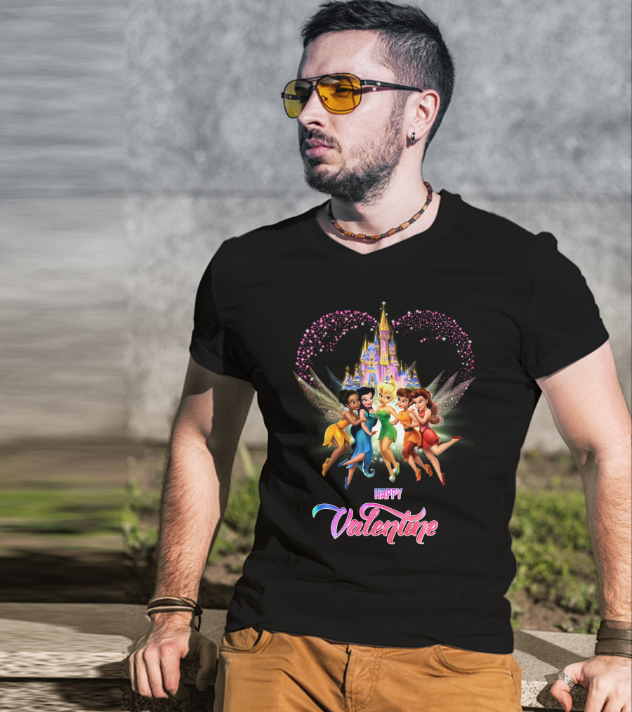 Happy Valentine Tinkerbell And Friends With Castle And Heart Magic T-Shirt