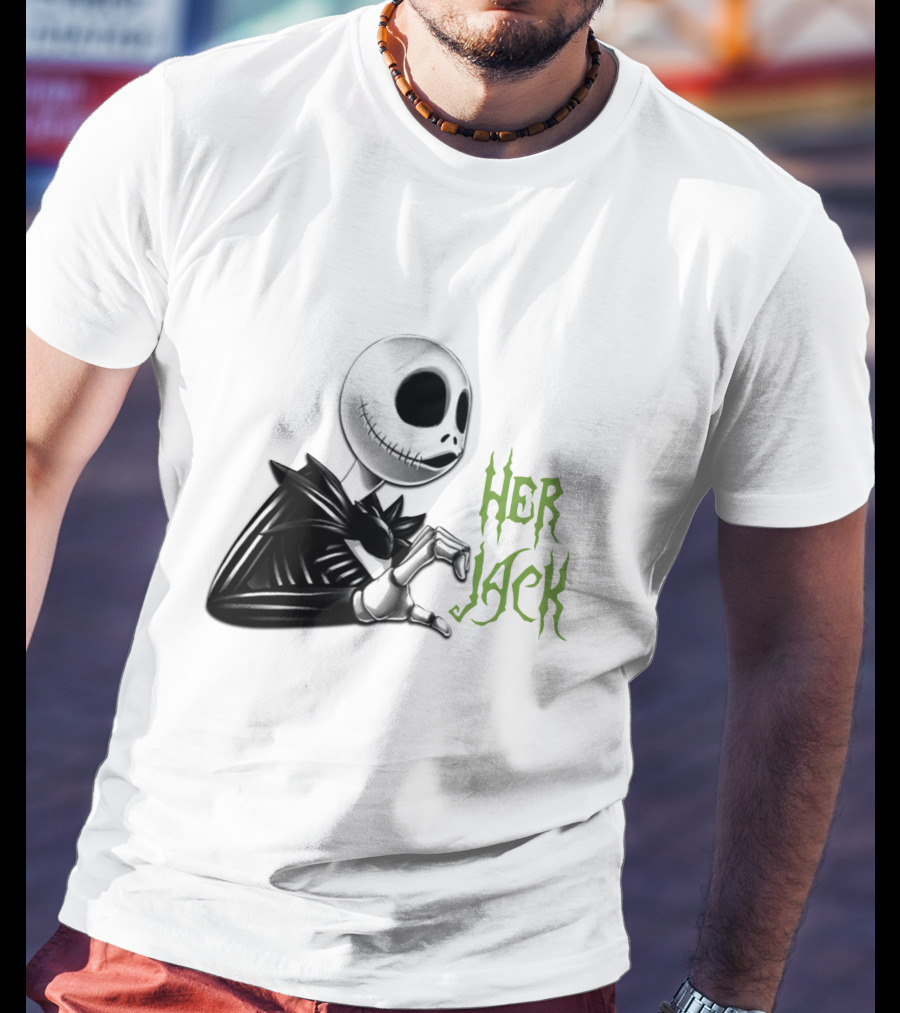 Her Jack Skeleton Character Sketch Black And White Green Lettering T-Shirt