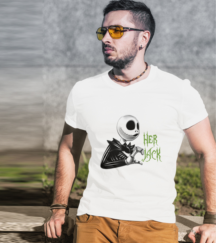 Her Jack Skeleton Character Sketch Black And White Green Lettering T-Shirt