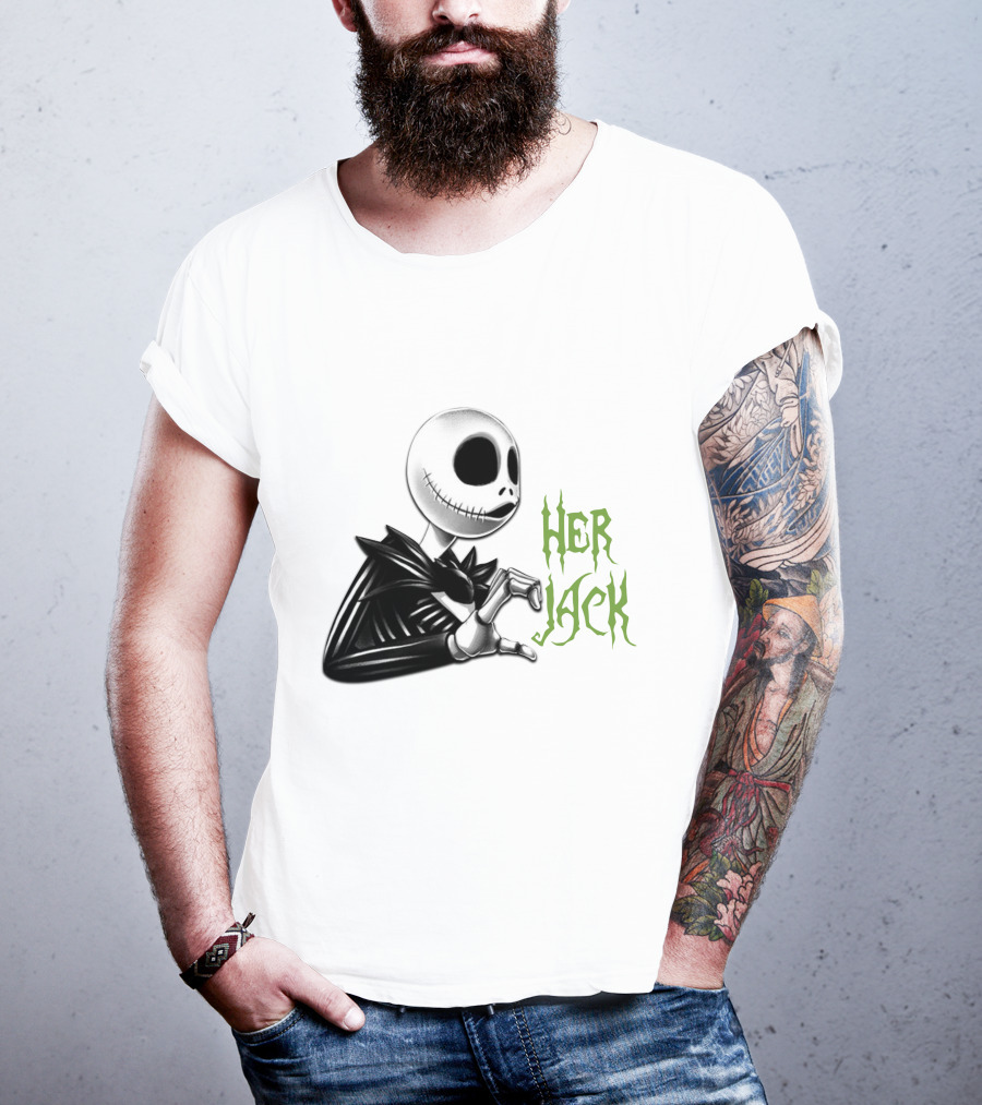Her Jack Skeleton Character Sketch Black And White Green Lettering T-Shirt