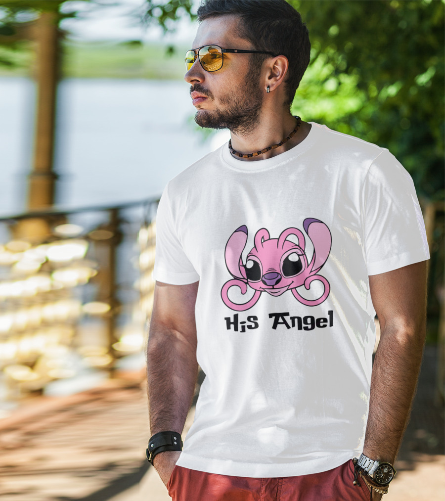 Stitch His Angel Pink Character Featuring Large Ears And Whimsical T-Shirt