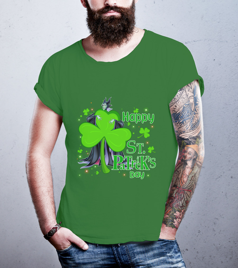 Maleficent Happy St Patrick's Day Shamrock Clover Sparkle T-Shirt