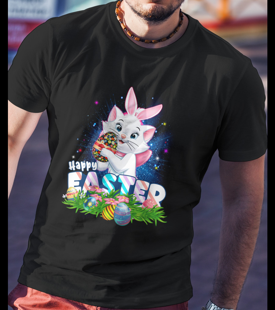 Happy Easter Marie Cat With Colorful Easter Eggs And Flowers T-Shirt