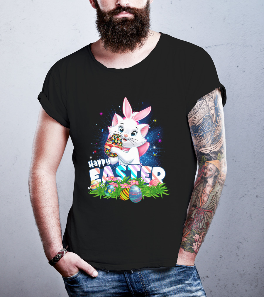 Happy Easter Marie Cat With Colorful Easter Eggs And Flowers T-Shirt