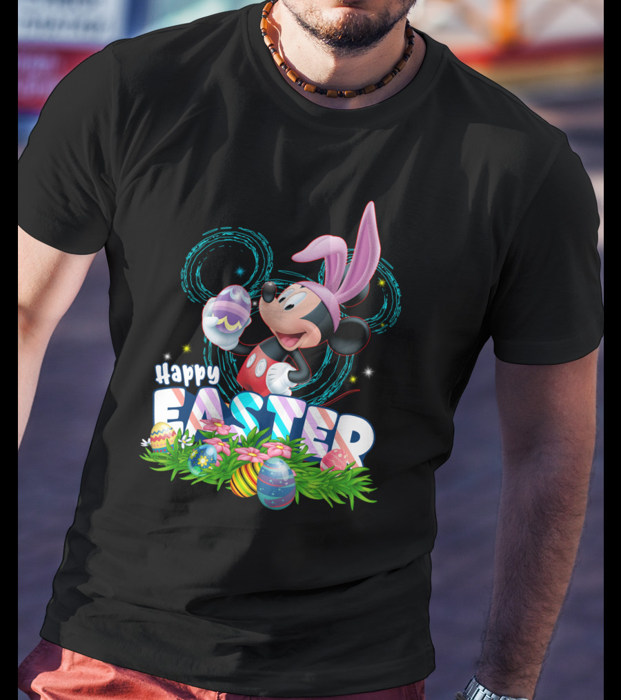MK Happy Easter Mickey Mouse Bunny Ears Holding Colorful Easter Eggs In Grass T-Shirt