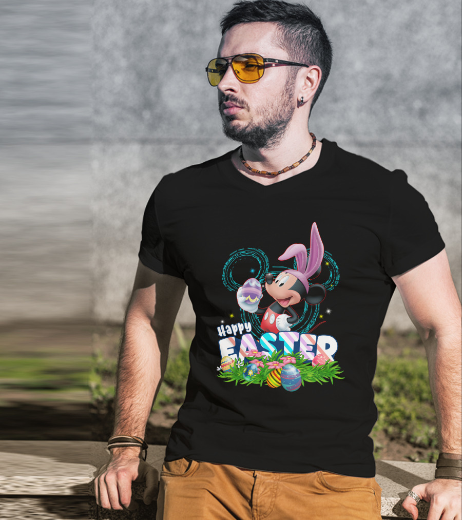 MK Happy Easter Mickey Mouse Bunny Ears Holding Colorful Easter Eggs In Grass T-Shirt