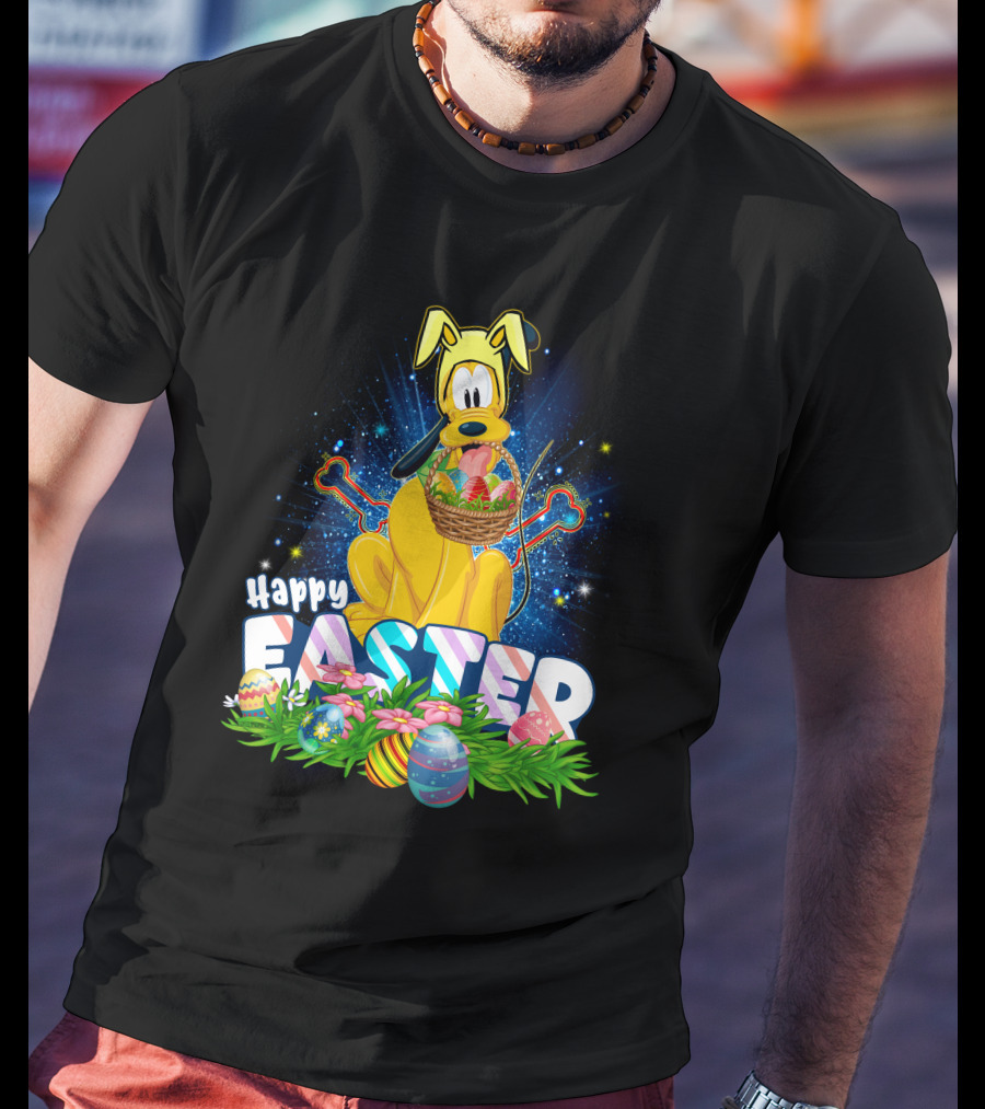 Pluto Happy Easter Basket With Eggs And Flowers T-Shirt