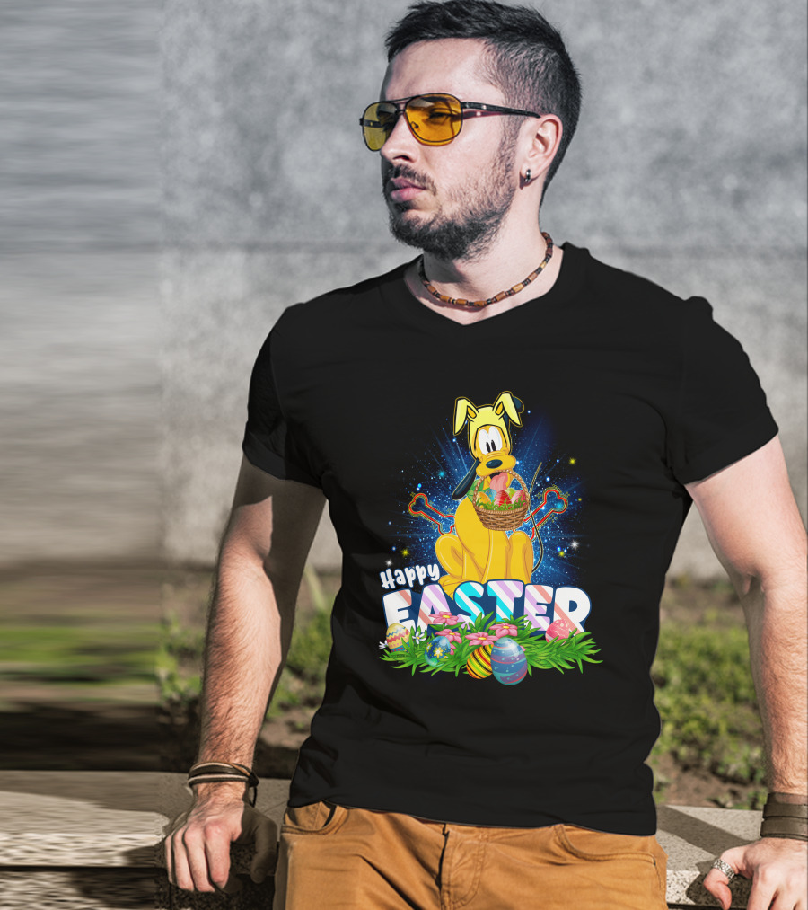 Pluto Happy Easter Basket With Eggs And Flowers T-Shirt
