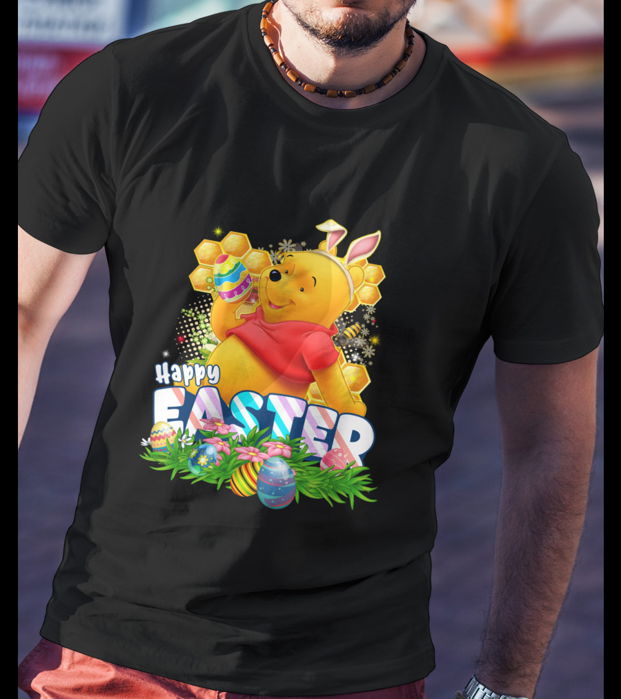 Pooh Happy Easter With Eggs And Honeycomb Background T-Shirt