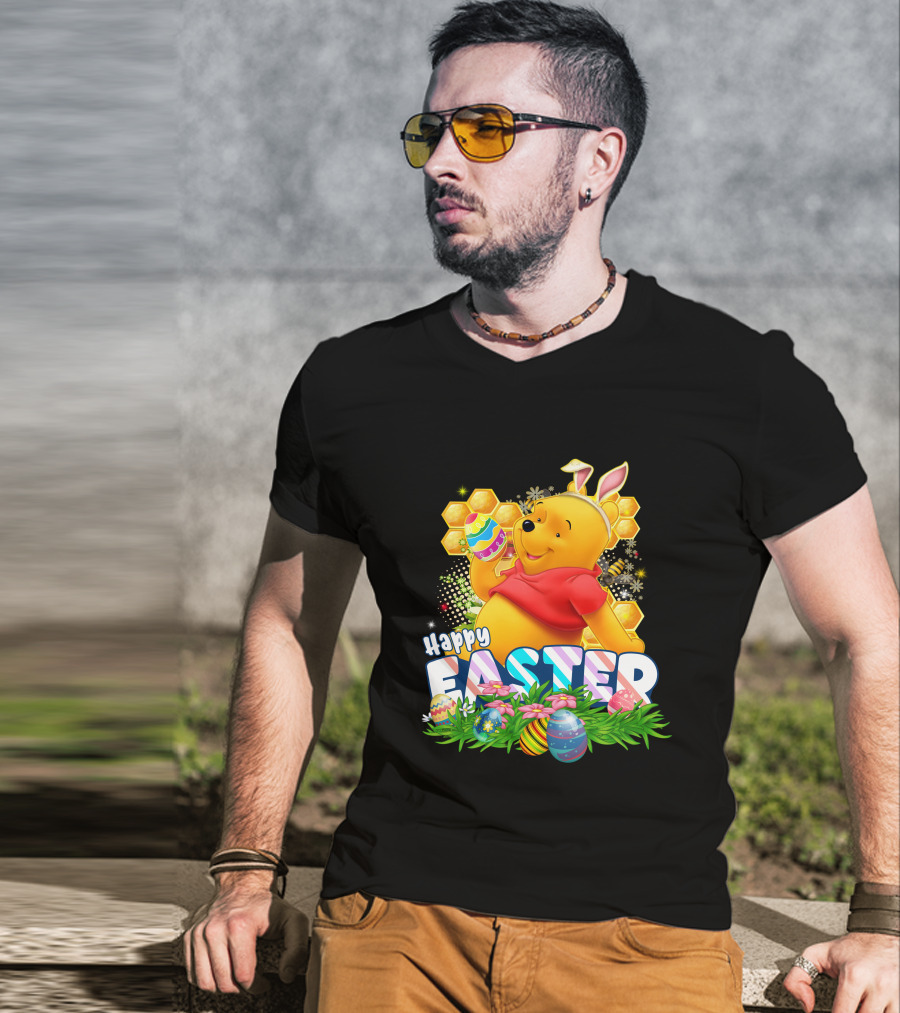 Pooh Happy Easter With Eggs And Honeycomb Background T-Shirt