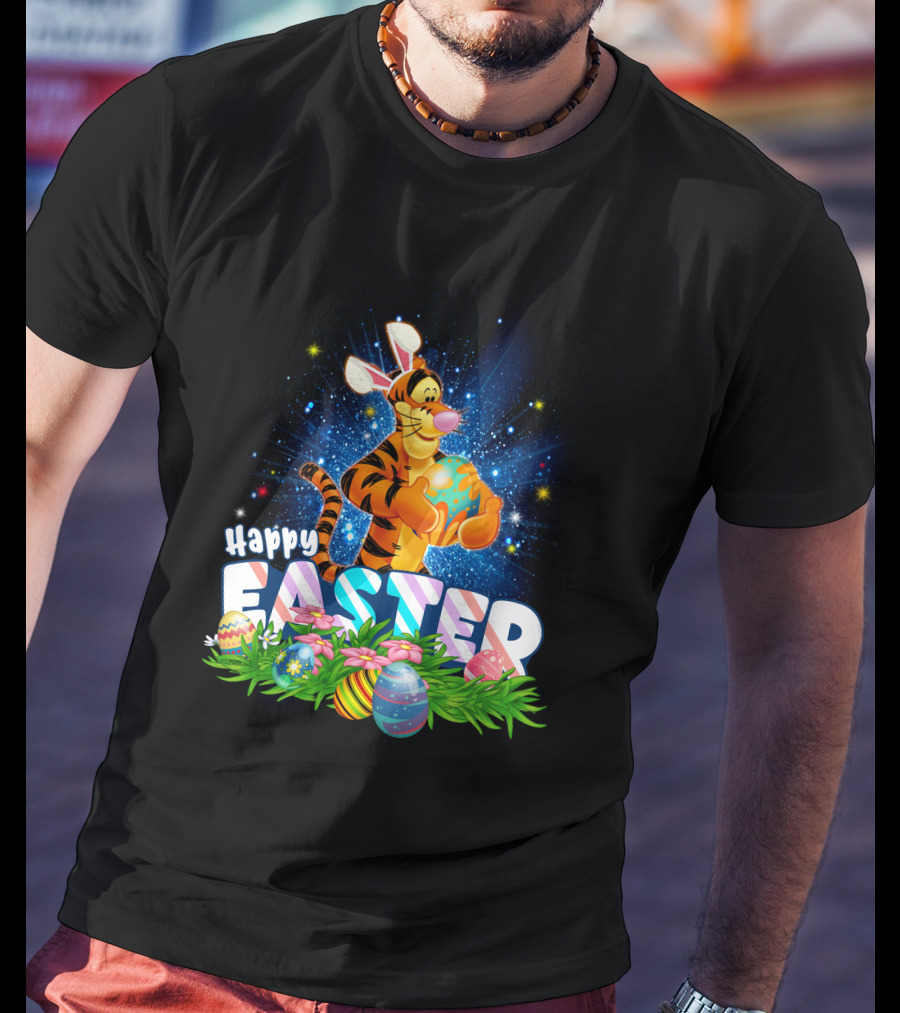 Tigger Happy Easter With Colorful Eggs And Flowers T-Shirt