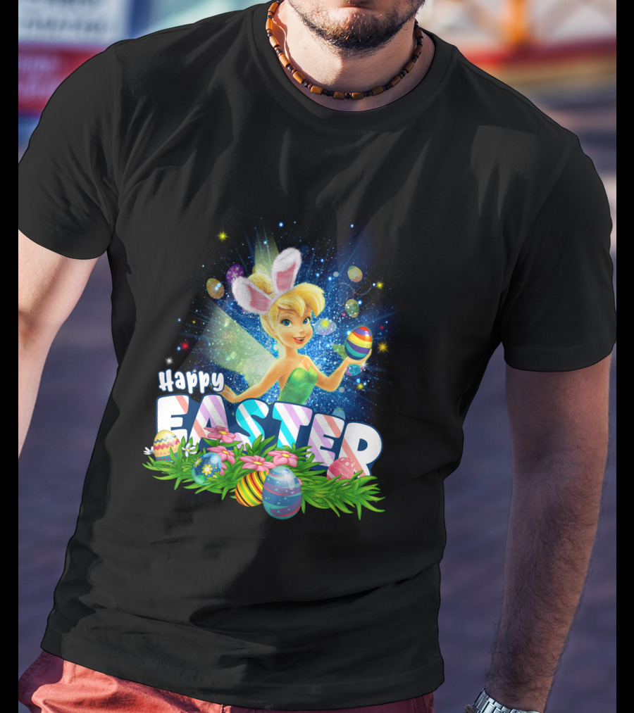 Happy Easter Tinkerbell With Bunny Ears And Colorful Eggs T-Shirt
