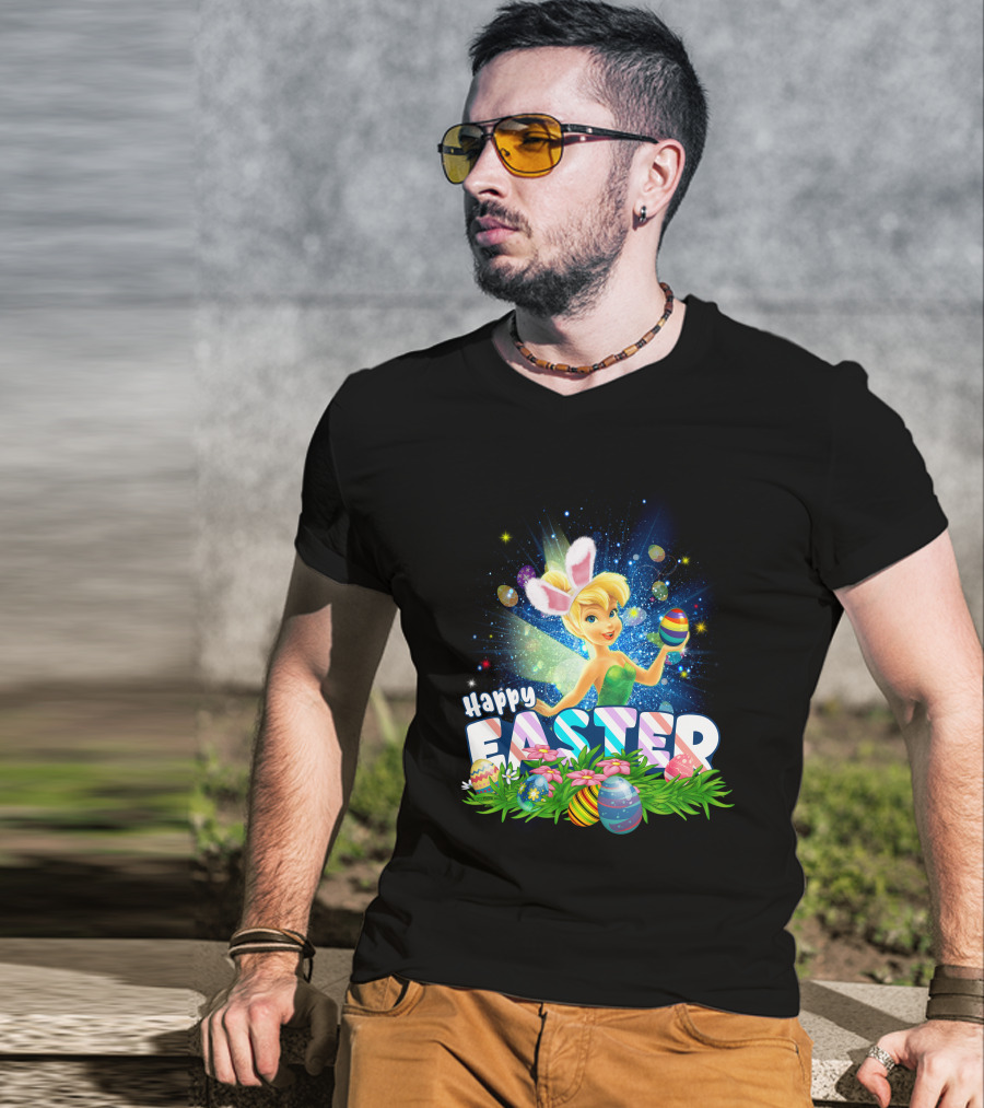Happy Easter Tinkerbell With Bunny Ears And Colorful Eggs T-Shirt