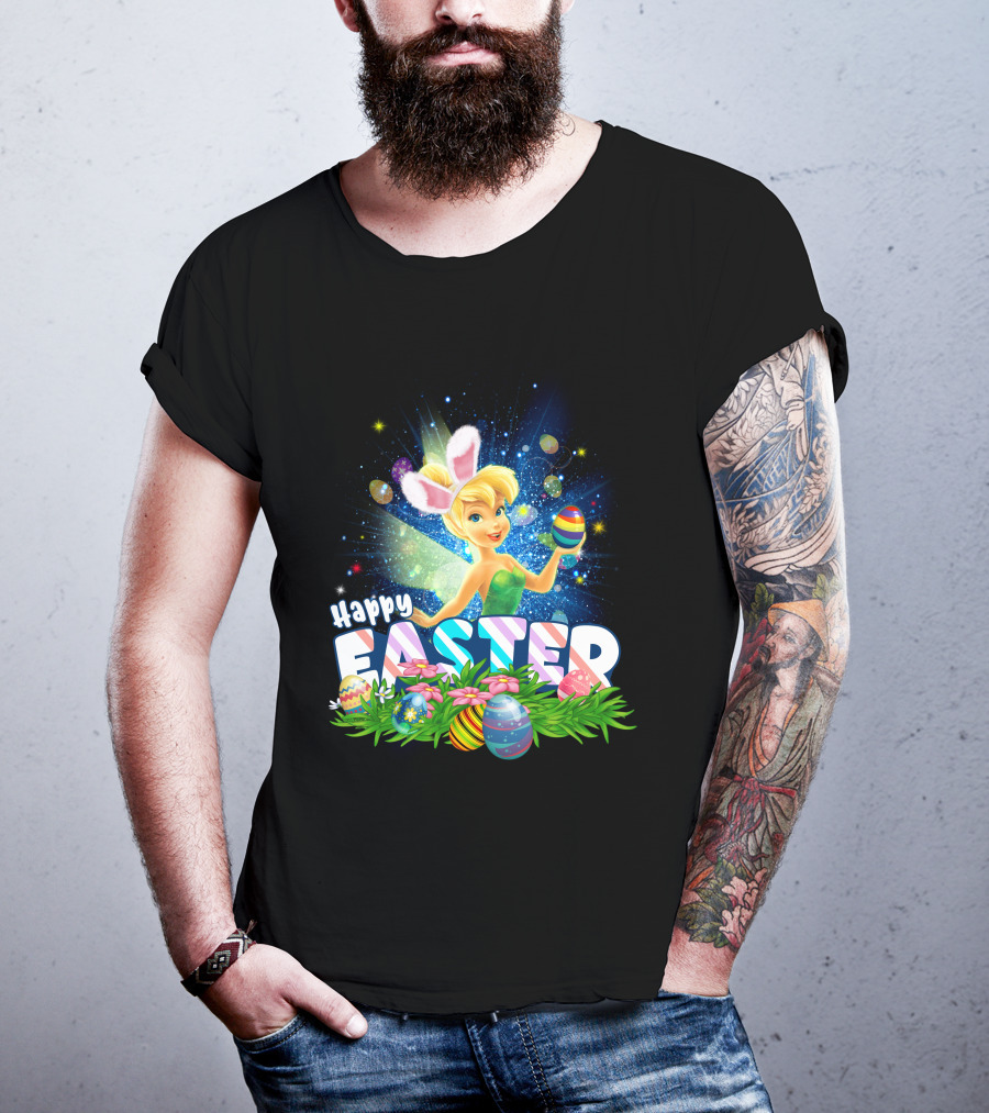 Happy Easter Tinkerbell With Bunny Ears And Colorful Eggs T-Shirt