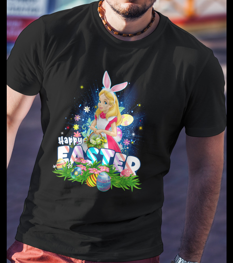 Alice Happy Easter Bunny Ears With Colorful Eggs And Flowers T-Shirt