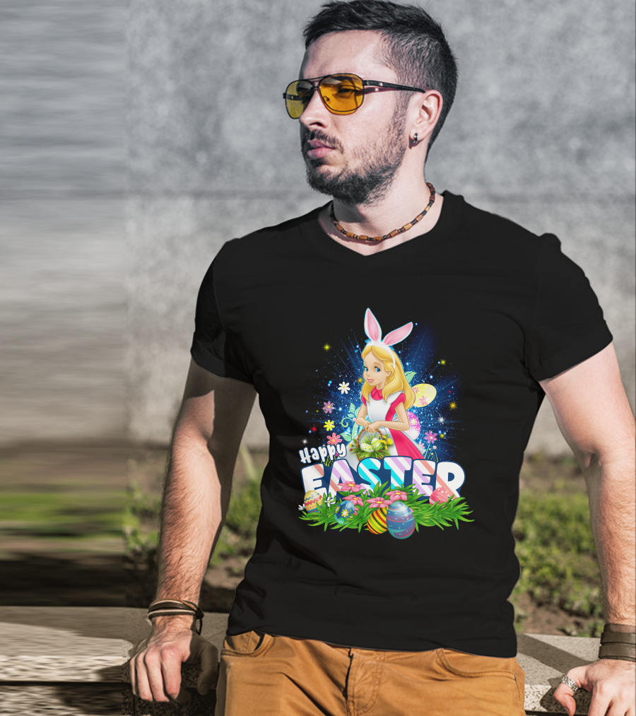 Alice Happy Easter Bunny Ears With Colorful Eggs And Flowers T-Shirt