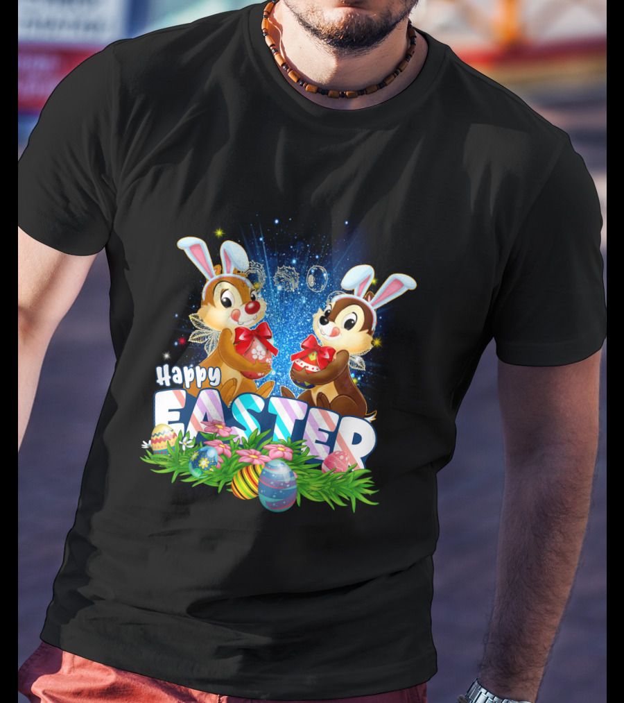 Chip Dale Happy Easter With Bunny Ears And Colorful Eggs T-Shirt