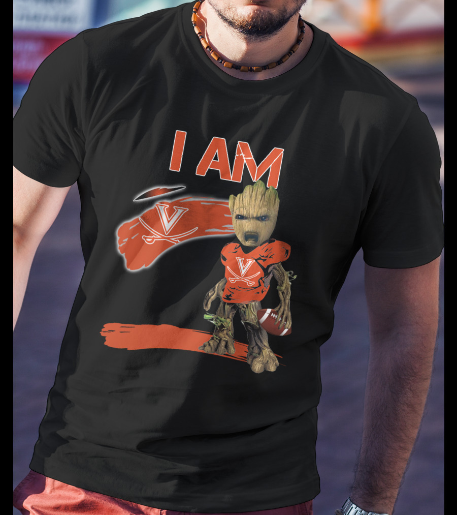 I AM VIRGINIA CAVALIERS V Logo Football Character T-Shirt