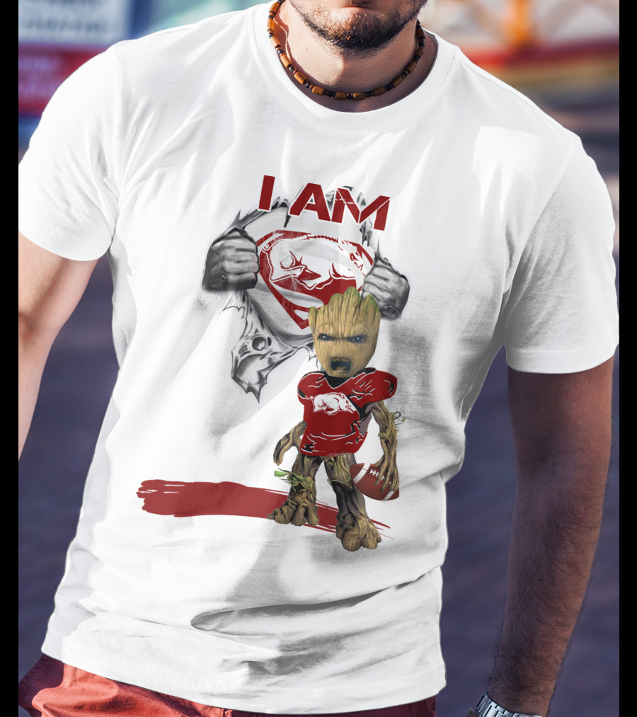 I AM Arkansas Razorbacks Baby Groot Superman T-Shirt