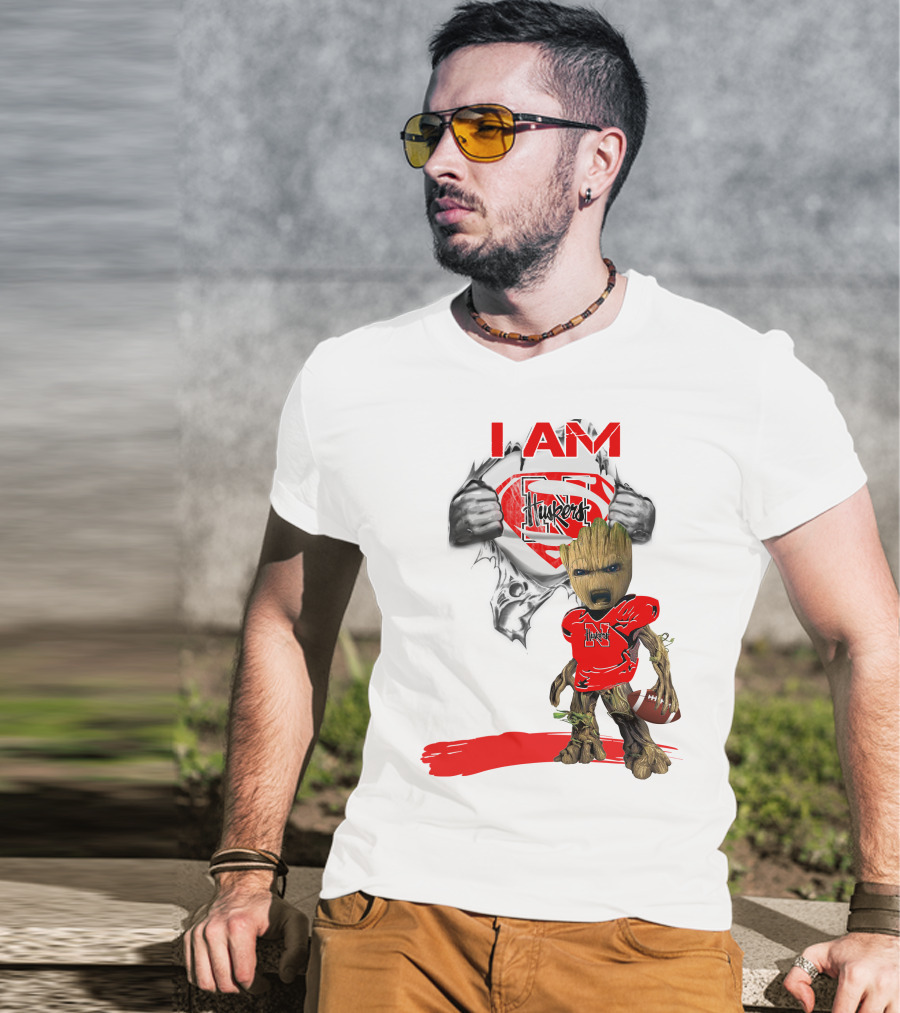 I Am Husker Baby Groot Superman Cornhuskers Football T-Shirt