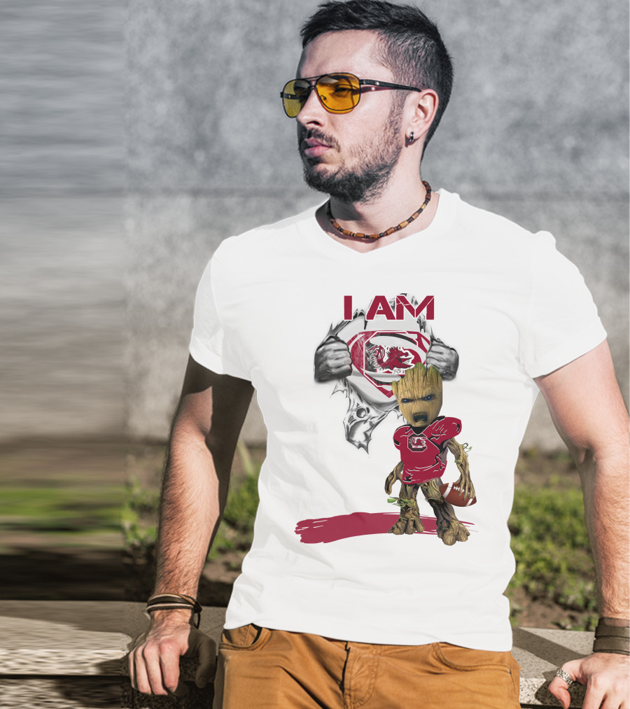 I Am Gamecocks Baby Groot Superman Football T-Shirt