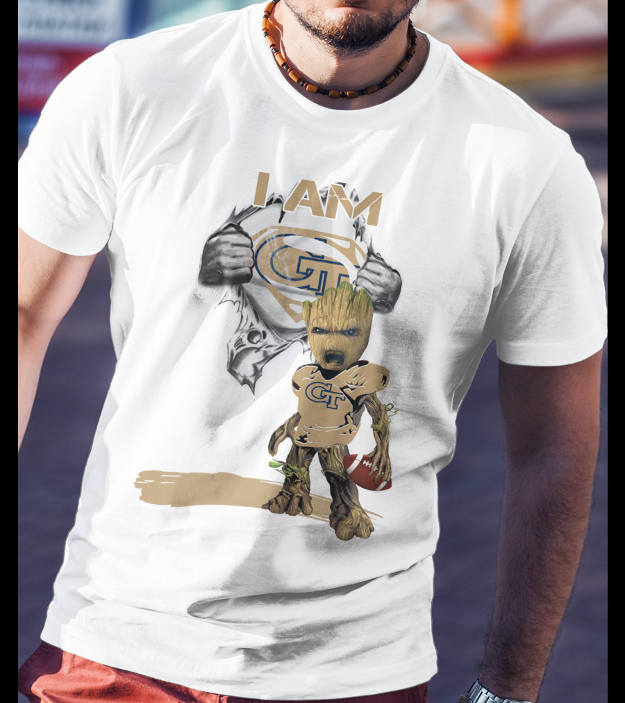 I AM Georgia Tech Baby Groot Superman Football T-Shirt