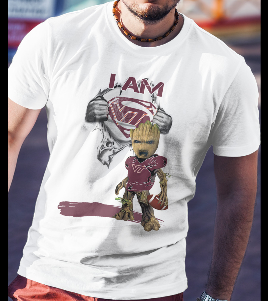 I AM Hokies VT Baby Groot Superman Football T-Shirt