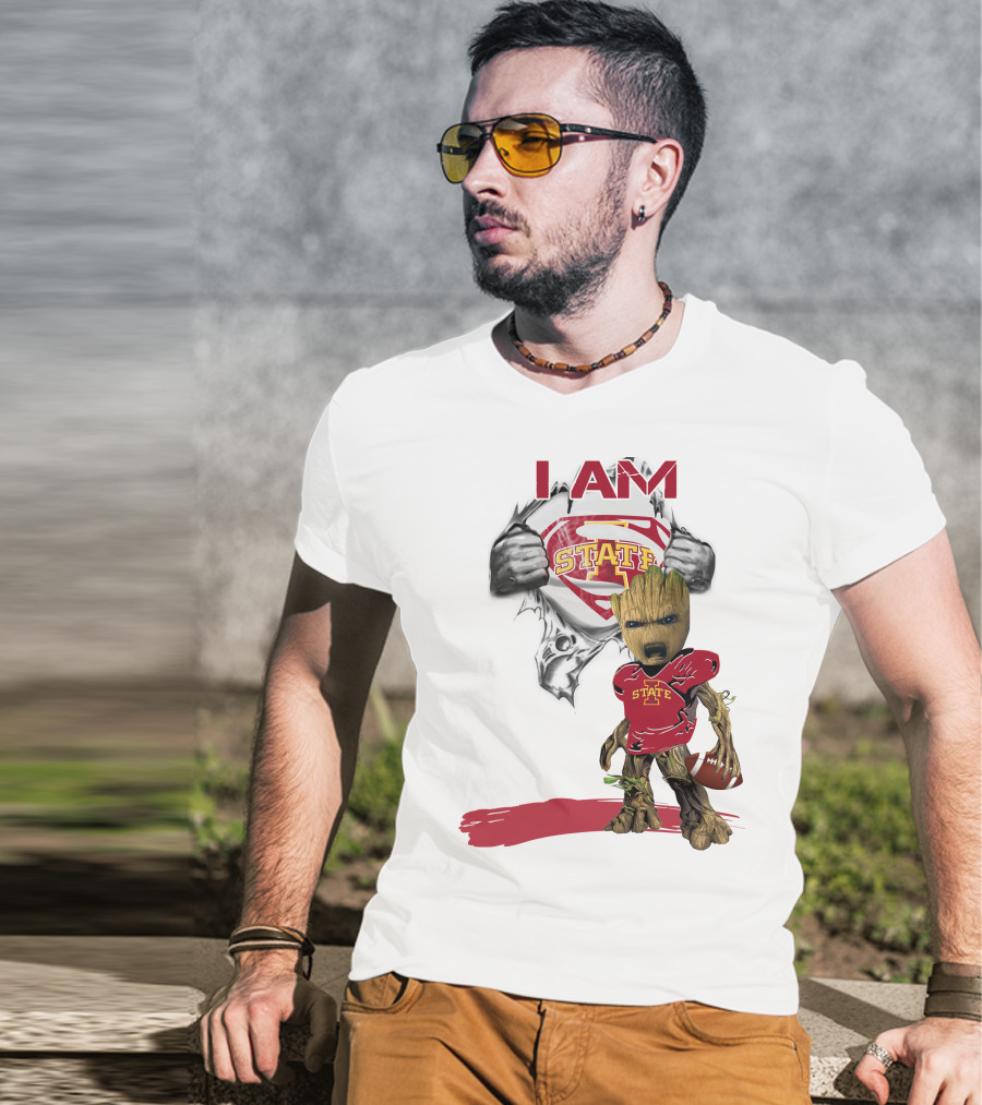 I Am Iowa State Baby Groot Superman Football Fan T-Shirt
