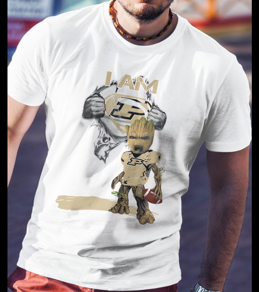 I AM Purdue Baby Groot With Football Superman T-Shirt