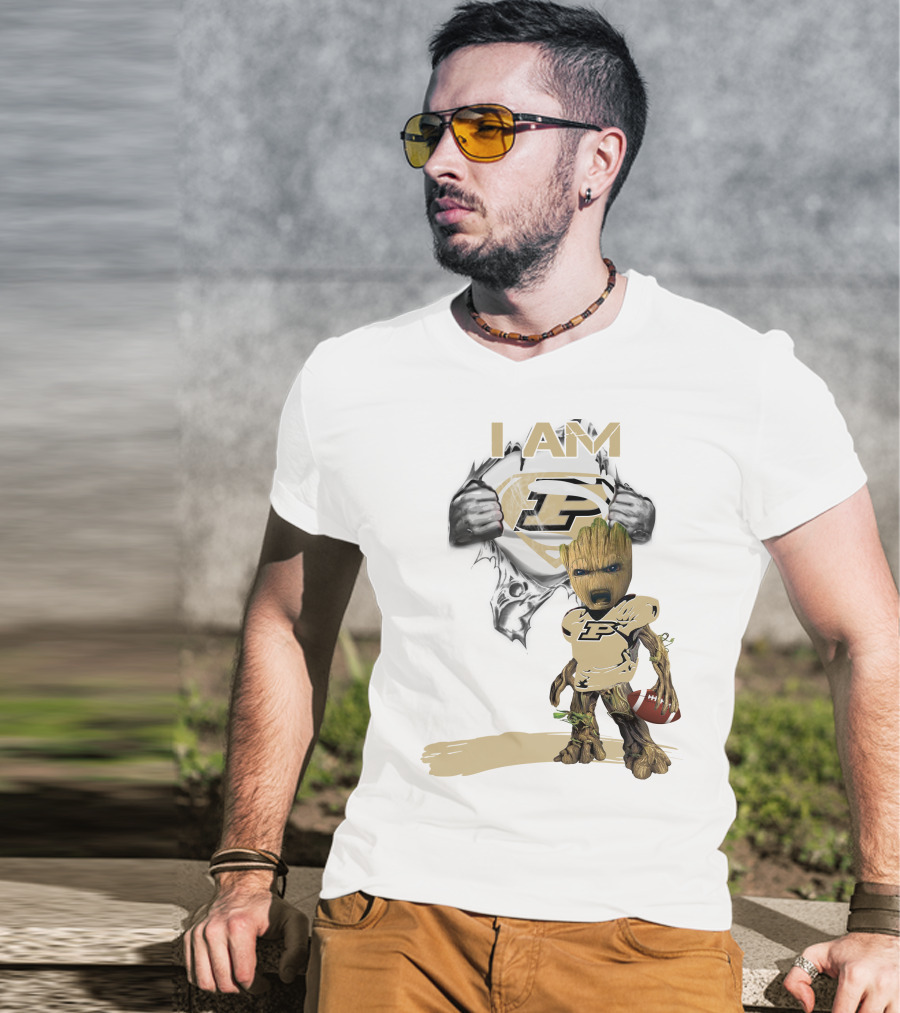 I AM Purdue Baby Groot With Football Superman T-Shirt
