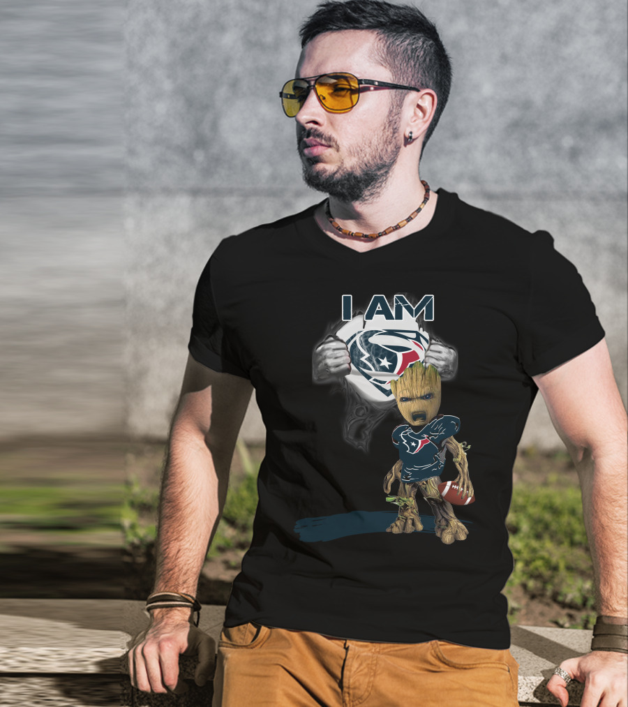 I Am Texans Baby Groot Superman Logo Football T-Shirt