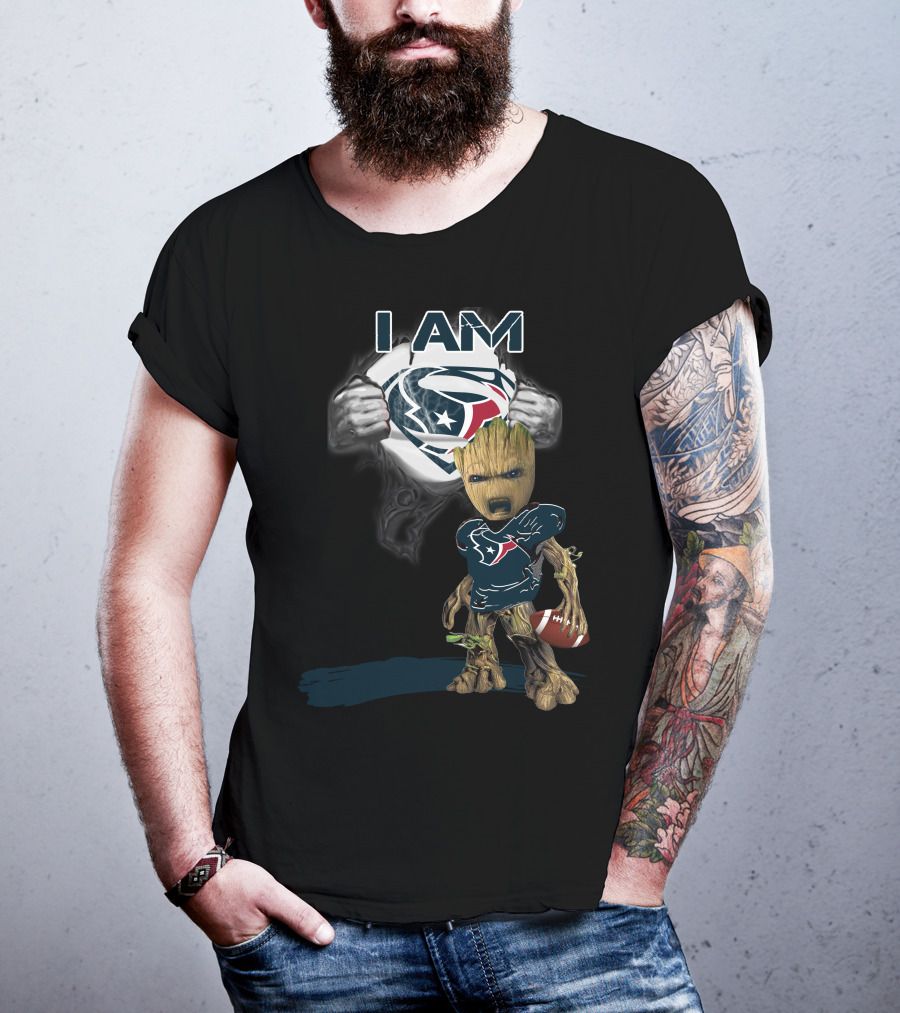I Am Texans Baby Groot Superman Logo Football T-Shirt